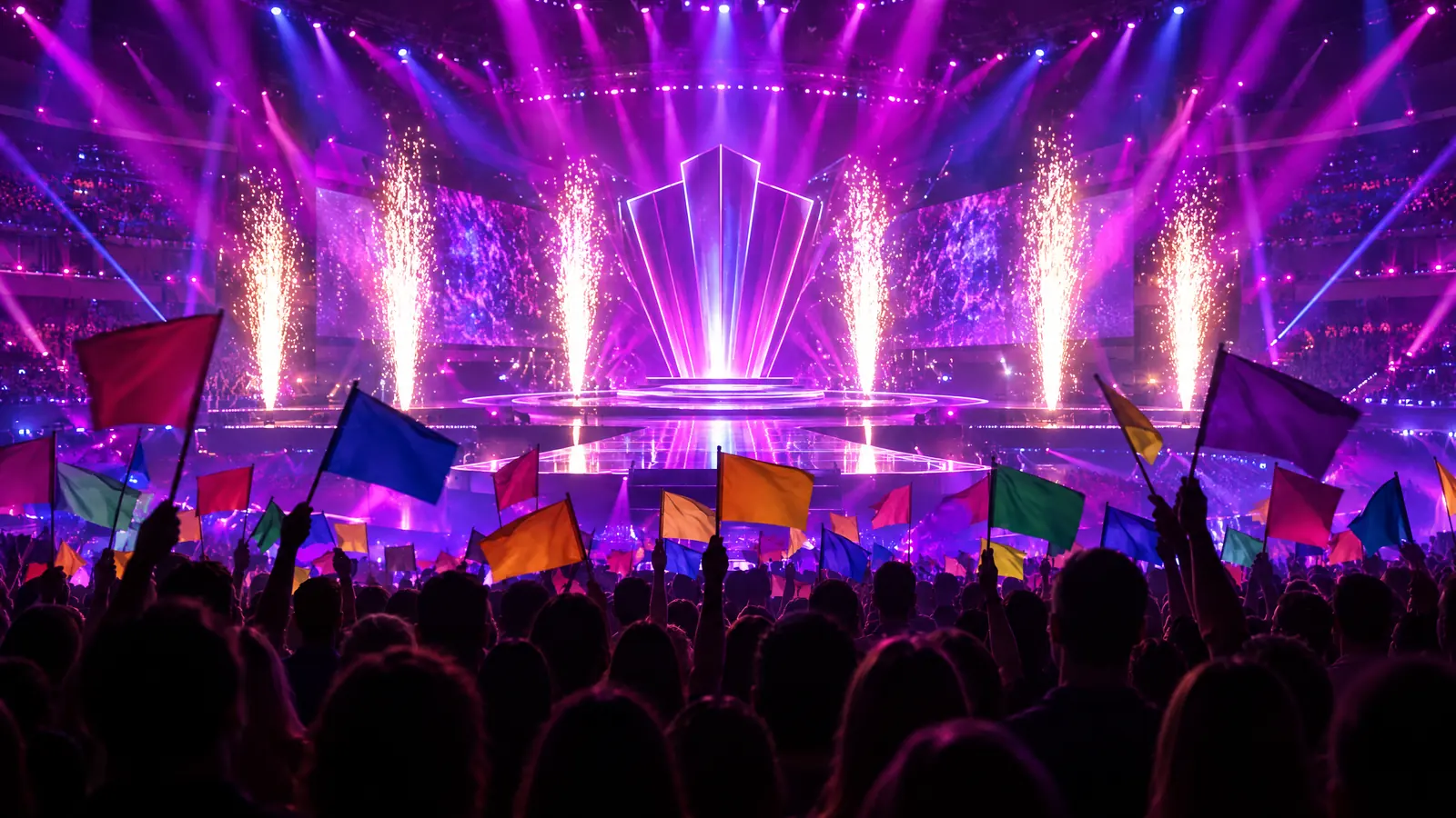 Symbolbild: ESC-Finale mit Pyrotechnik und wehenden Fahnen