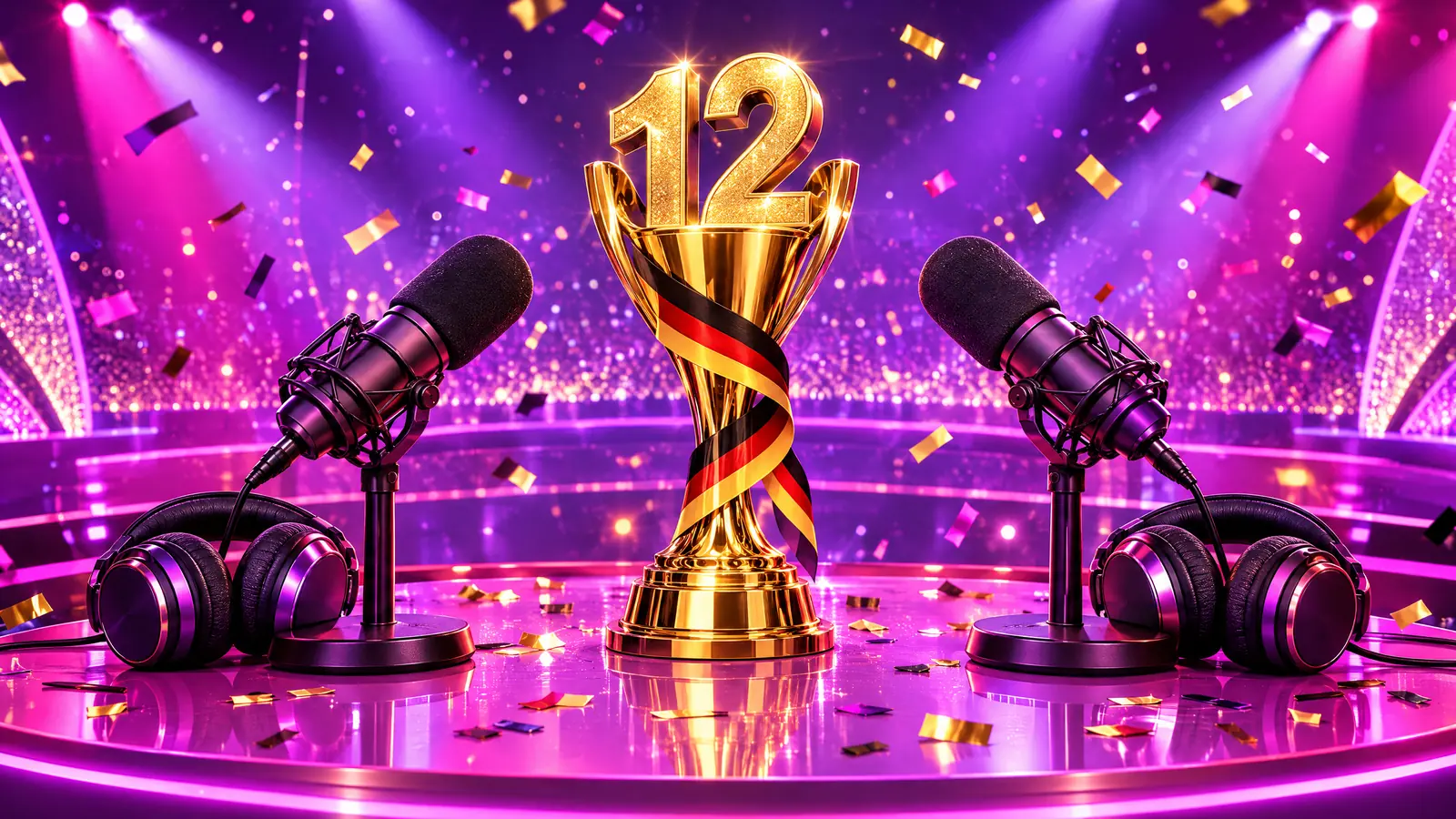 Symbolbild: goldener Pokal mit der Zahl 12 zwischen zwei Podcast-Mikrofonen auf einer ESC-Bühne